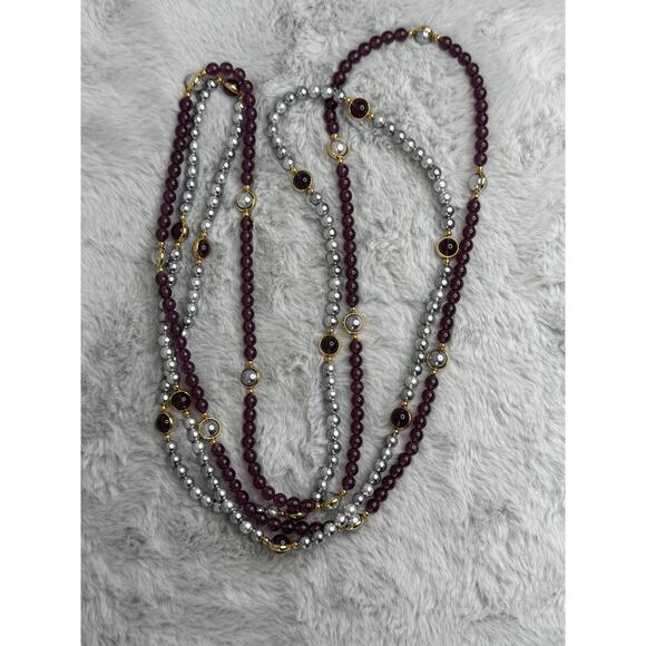 2pc Vintage Faux Pearl & Plum Bead Necklaces Set Gold Tone Accents 38” Each - Picture 1 of 6